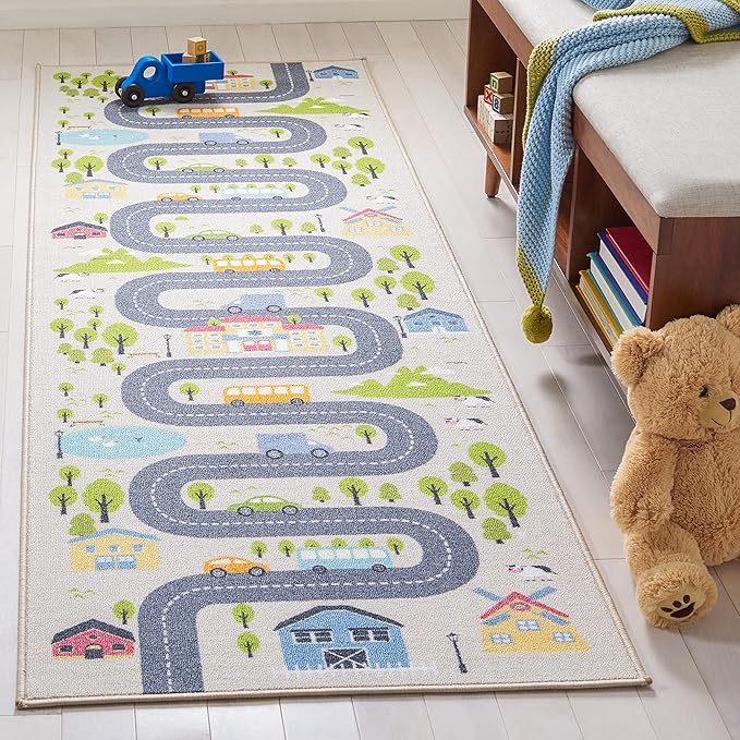 SAFAVIEH Washable Rug Kids Playhouse Collection - 2'2" x 6' Runner, Beige & Green, Slip Resistant & Easy to Clean, Ideal for Kids Room, Playroom, Nursery, Boys & Girls Room (KPH227A)