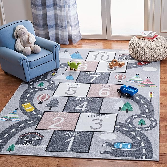 SAFAVIEH Washable Rug Kids Playhouse Collection - 7'9" x 10', Grey & Pink, Slip Resistant & Easy to Clean, Ideal for Kids Room, Playroom, Nursery, Boys & Girls Room (KPH226A)