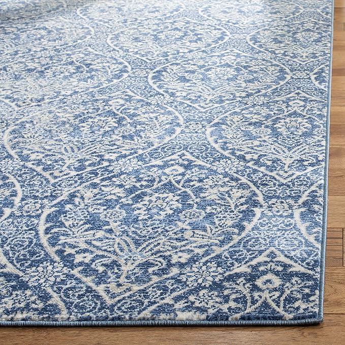 SAFAVIEH Brentwood Collection 2' x 12' Navy / Light Grey BNT860M Floral Damask Ogee Trellis Non-Shedding Living Room Bedroom Runner Rug