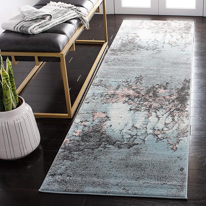 SAFAVIEH Glacier Collection 2'3" x 6' Blue/Pink GLA125L Modern Abstract Non-Shedding Living Room Bedroom Runner Rug