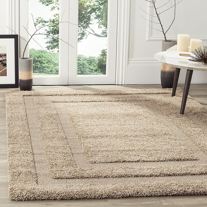 SAFAVIEH Florida Shag Collection Area Rug - 4' Square, Beige & Beige, Border Design, Non-Shedding & Easy Care, 1.2-inch Thick Ideal for High Traffic Areas in Living Room, Bedroom (SG454-1313)