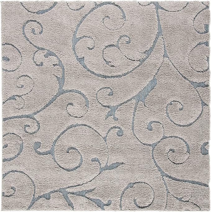 SAFAVIEH Florida Shag Collection Area Rug - 5' Square, Grey & Light Blue, Scroll Design, Non-Shedding & Easy to Clean, High-Low Plush Pile, Ideal for Living Room, Bedroom, Dining Space (SG455-1160)