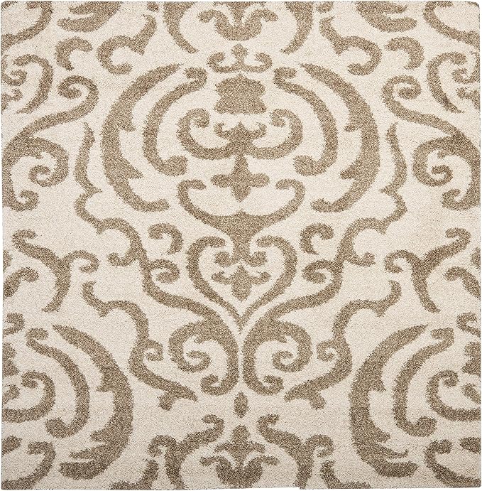 SAFAVIEH Florida Shag Collection Area Rug - 6'7" Square, Cream & Beige, Damask Design, Non-Shedding & Easy Care, 1.2-inch Thick Ideal for High Traffic Areas in Living Room, Bedroom (SG462-1113)
