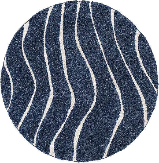 SAFAVIEH Florida Shag Collection Area Rug - 5' Round, Dark Blue & Cream, Non-Shedding & Easy Care, 1.2-inch Thick Ideal for High Traffic Areas in Living Room, Bedroom (SG472-6511)