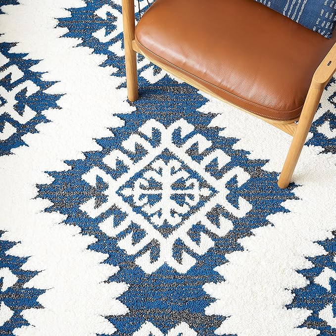 SAFAVIEH Moroccan Tassel Shag Collection Area Rug - 10' x 14', Navy & Ivory, Boho Rustic Trellis, Non-Shedding & Easy Care, 2-inch Thick Ideal for High Traffic Areas in Living Room, Bedroom (MTS652N)