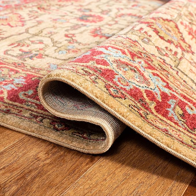 SAFAVIEH Mahal Collection Area Rug - 6'7" Round, Beige & Red, Traditional Oriental Design, Non-Shedding & Easy Care, Ideal for High Traffic Areas in Living Room, Bedroom (MAH693B)