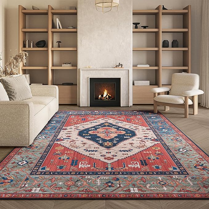 SAFAVIEH Washable Rug Tucson Collection - 8' x 10', Rust & Blue, Slip Resistant & Easy to Clean, Ideal for Living Room, Bedroom, Dining Space (TSN153P)
