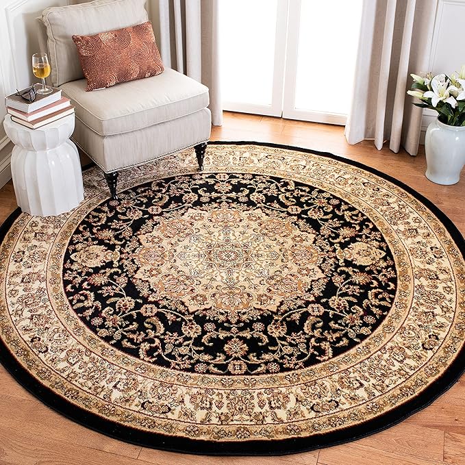 SAFAVIEH Lyndhurst Collection Area Rug - 8' Round, Black & Ivory, Traditional Oriental Medallion Design, Non-Shedding & Easy Care, Ideal for High Traffic Areas in Living Room, Bedroom (LNH222A)