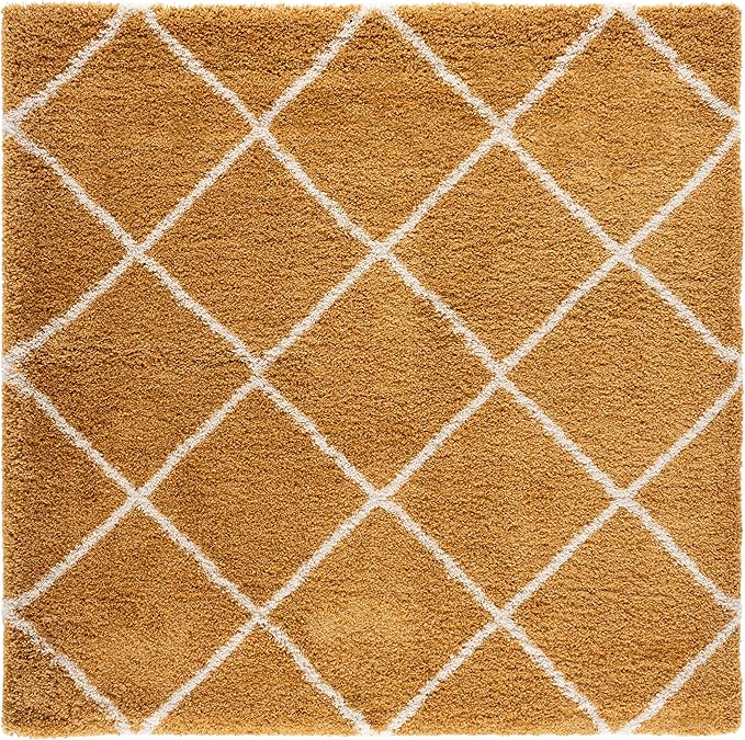 SAFAVIEH Hudson Shag Collection Area Rug - 7' Square, Gold & Ivory, Moroccan Trellis Design, Non-Shedding & Easy Care, 2-inch Thick Ideal for High Traffic Areas in Living Room, Bedroom (SGH281F)