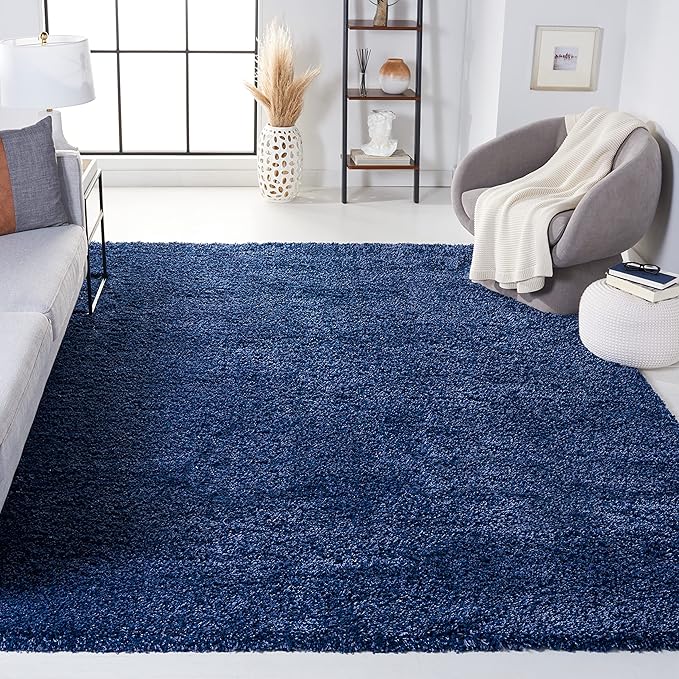 SAFAVIEH Santa Monica Shag Collection 9' x 12' Navy SGN725 Solid Non-Shedding Living Room Bedroom Dining Room Entryway Plush 2-inch Thick Area Rug