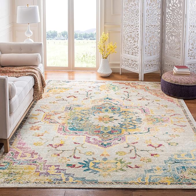 SAFAVIEH Crystal Collection Area Rug - 10' x 14', Light Blue & Grey, Medallion Distressed Design, Non-Shedding & Easy Care, Ideal for High Traffic Areas in Living Room, Bedroom (CRS501M)