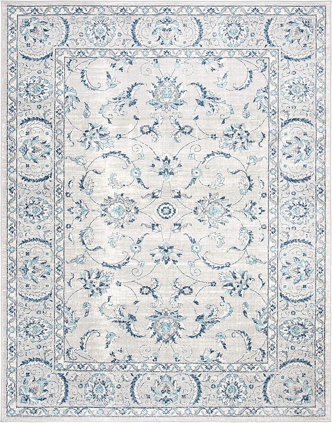 SAFAVIEH Brentwood Collection Area Rug - 10' x 13', Light Grey & Blue, Oriental Floral Scroll Design, Non-Shedding & Easy Care, Ideal for High Traffic Areas in Living Room, Bedroom (BNT854G)