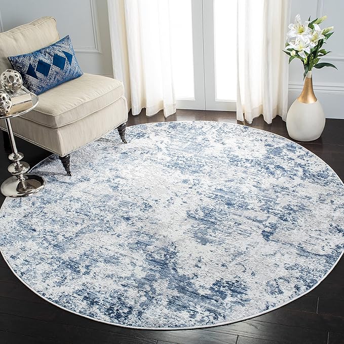 SAFAVIEH Amelia Collection Area Rug - 8' Round, Navy & Grey, Modern Abstract Design, Non-Shedding & Easy Care, Ideal for High Traffic Areas in Living Room, Bedroom, Dining Room (ALA705N-8R)