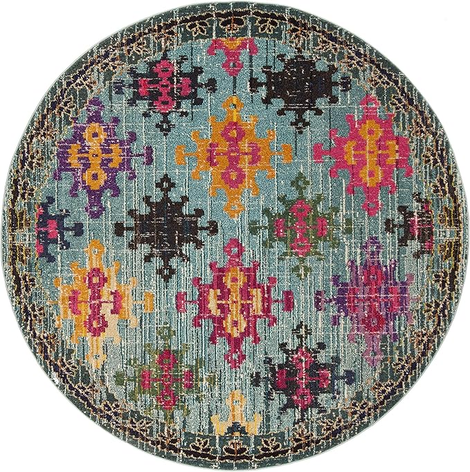 SAFAVIEH Monaco Collection 6'7" Round Blue/Multi MNC244N Boho Diamond Trellis Non-Shedding Dining Room Entryway Foyer Living Room Bedroom Area Rug