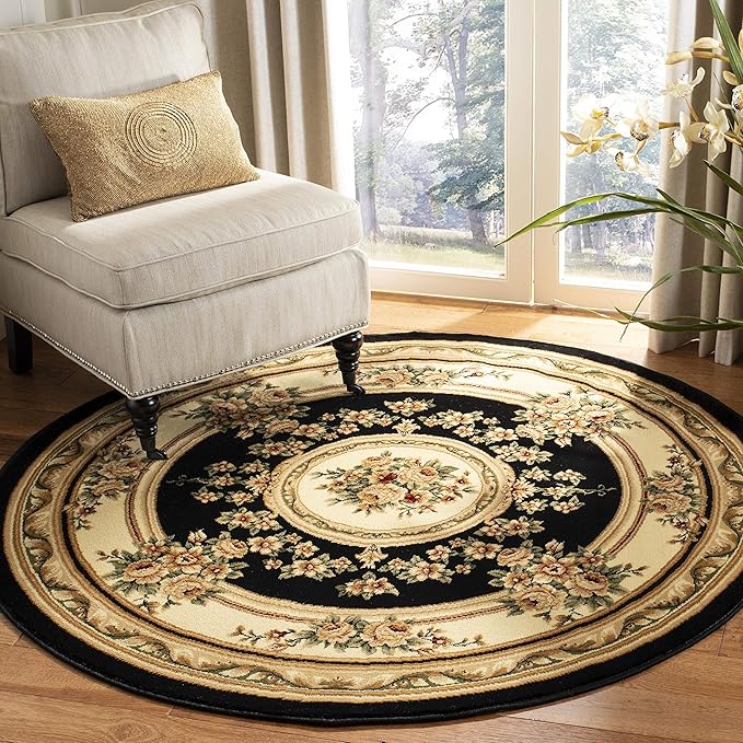 SAFAVIEH Lyndhurst Collection Area Rug - 5'3" Round, Black & Ivory, Traditional European Medallion Design, Non-Shedding & Easy Care, Ideal for High Traffic Areas in Living Room, Bedroom (LNH218A)
