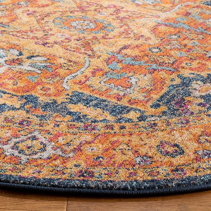 SAFAVIEH Evoke Collection 3' Round Blue/Orange EVK275C Oriental Medallion Distressed Non-Shedding Dining Room Entryway Foyer Living Room Bedroom Area Rug