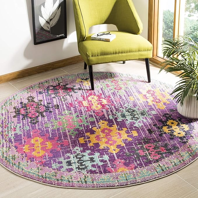 SAFAVIEH Monaco Collection 6'7" Round Purple / Multi MNC244P Boho Diamond Trellis Non-Shedding Dining Room Entryway Foyer Living Room Bedroom Area Rug