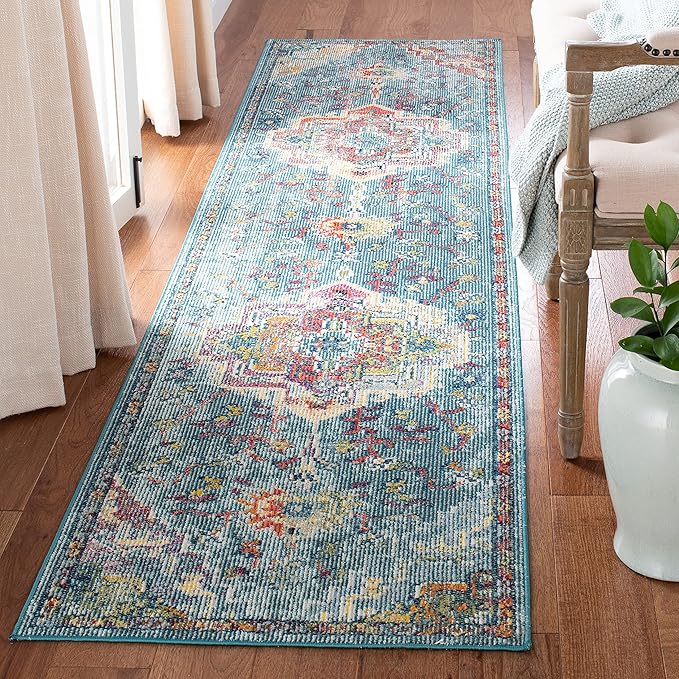 SAFAVIEH Crystal Collection Runner Rug - 2'2" x 17', Teal & Orange, Medallion Distressed Design, Non-Shedding & Easy Care, Ideal for High Traffic Areas in Living Room, Bedroom (CRS501J)
