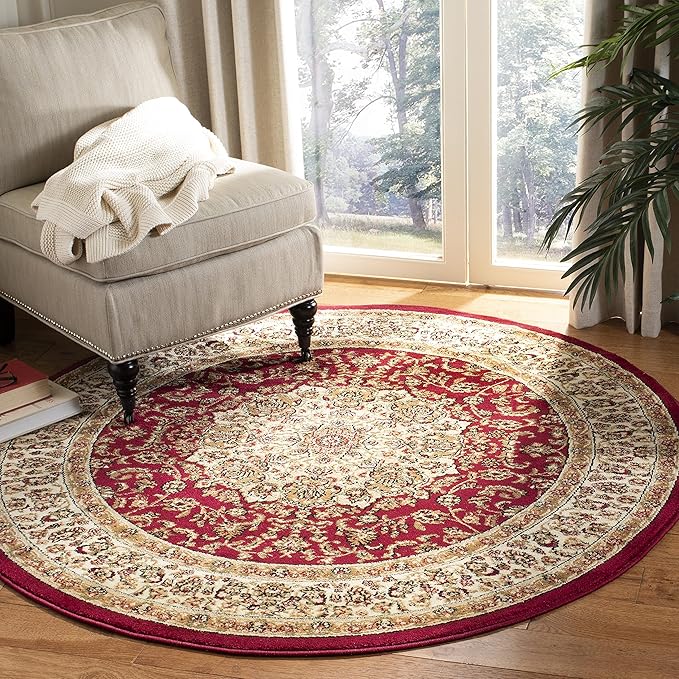 SAFAVIEH Lyndhurst Collection Area Rug - 5'3" Round, Red & Ivory, Traditional Oriental Medallion Design, Non-Shedding & Easy Care, Ideal for High Traffic Areas in Living Room, Bedroom (LNH222B)