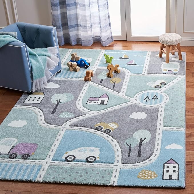 SAFAVIEH Carousel Kids Collection Area Rug - 10' x 14', Grey & Light Blue, Non-Shedding & Easy Care, Ideal for High Traffic Areas for Boys & Girls in Playroom, Nursery, Bedroom (CRK193F)