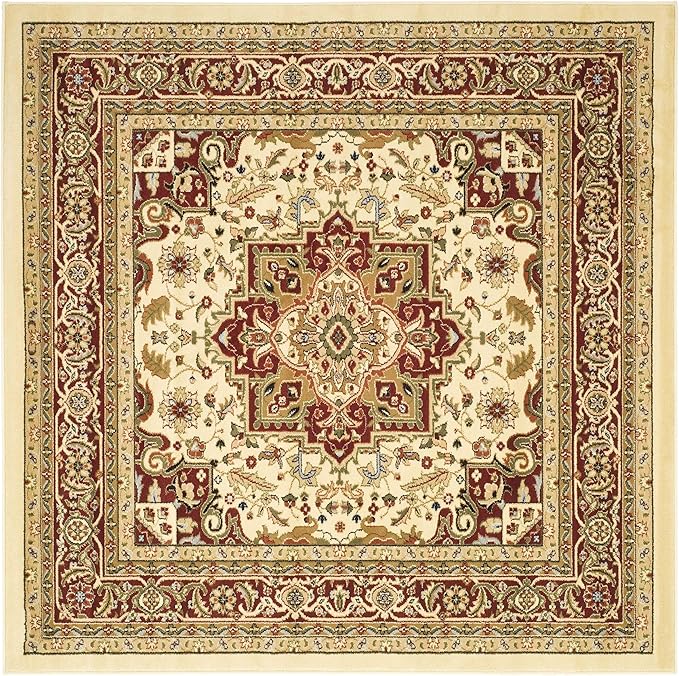 SAFAVIEH Lyndhurst Collection Area Rug - 5'3" Square, Ivory & Red, Traditional Oriental Design, Non-Shedding & Easy Care, Ideal for High Traffic Areas in Living Room, Bedroom (LNH330A)