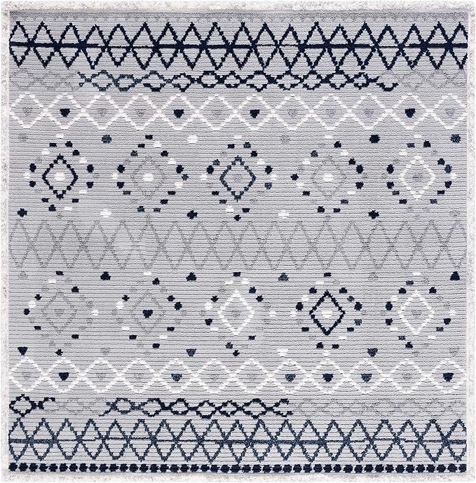SAFAVIEH Marrakech Collection Area Rug - 6'7" Square, Grey & Navy, Moroccan Boho Tribal Rustic Design, Non-Shedding & Easy Care, Ideal for High Traffic Areas in Living Room, Bedroom (MRK612F)
