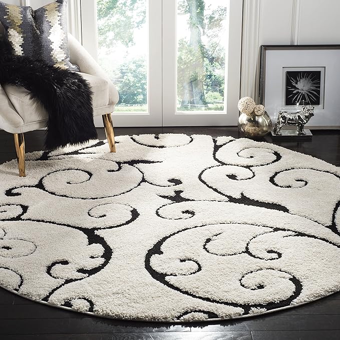 SAFAVIEH Florida Shag Collection Area Rug - 8' Round, Ivory & Black, Scroll Design, Non-Shedding & Easy to Clean, High-Low Plush Pile, Ideal for Living Room, Bedroom, Dining Space (SG455-1290)