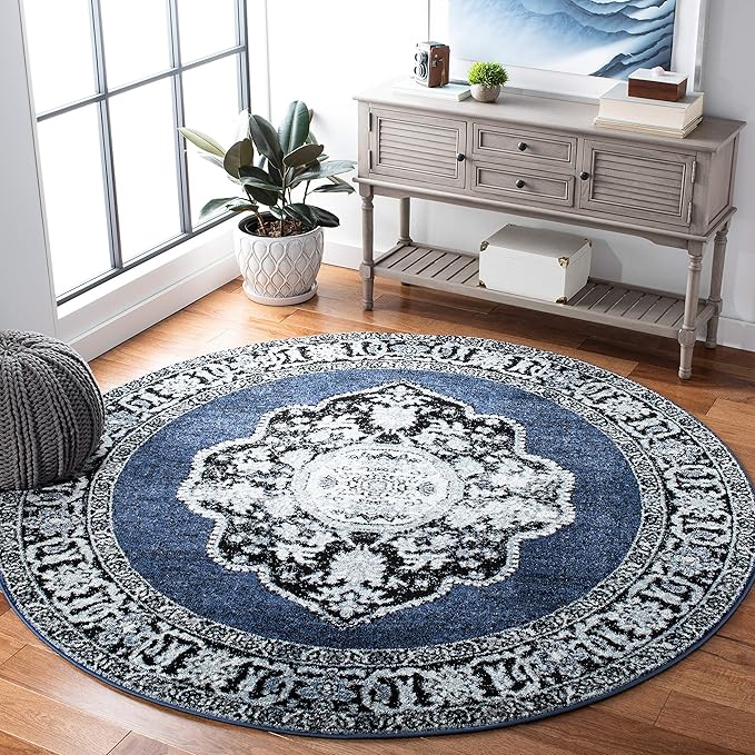 SAFAVIEH Vintage Hamadan Collection 3' Round Blue/Grey VTH219M Oriental Traditional Persian Non-Shedding Living Room Bedroom Area Rug