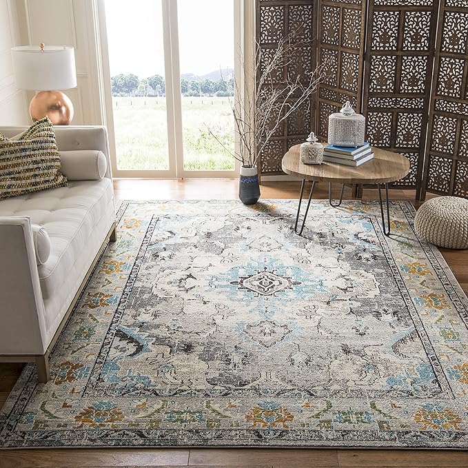 SAFAVIEH Monaco Collection Area Rug - 10' x 14', Grey & Light Blue, Non-Shedding & Easy to Clean, Distressed Medallion Design, Ideal for Living Room, Bedroom, Dining Space (MNC243G)