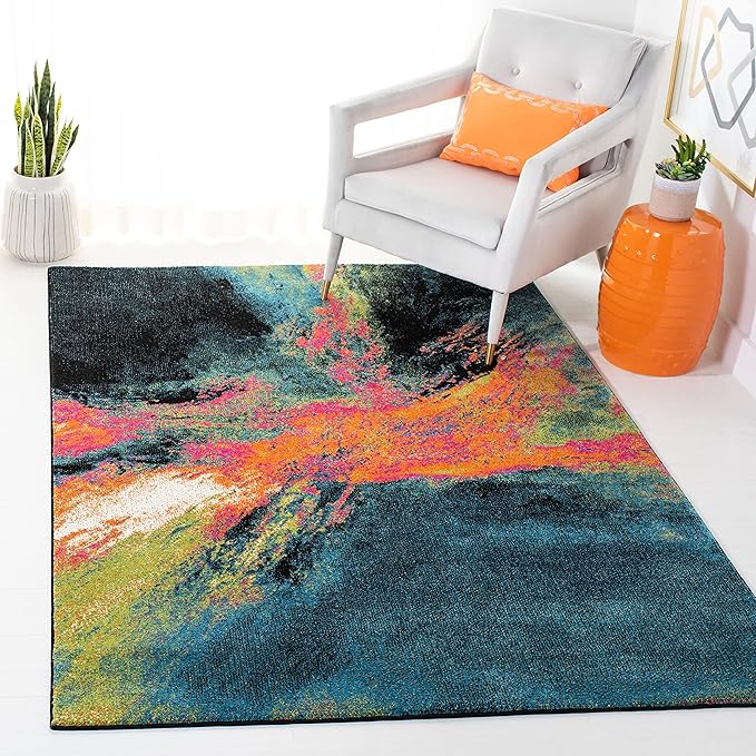 SAFAVIEH Galaxy Collection 4' x 6' Blue/Orange GAL117N Modern Abstract Non-Shedding Living Room Dining Bedroom Accent Rug