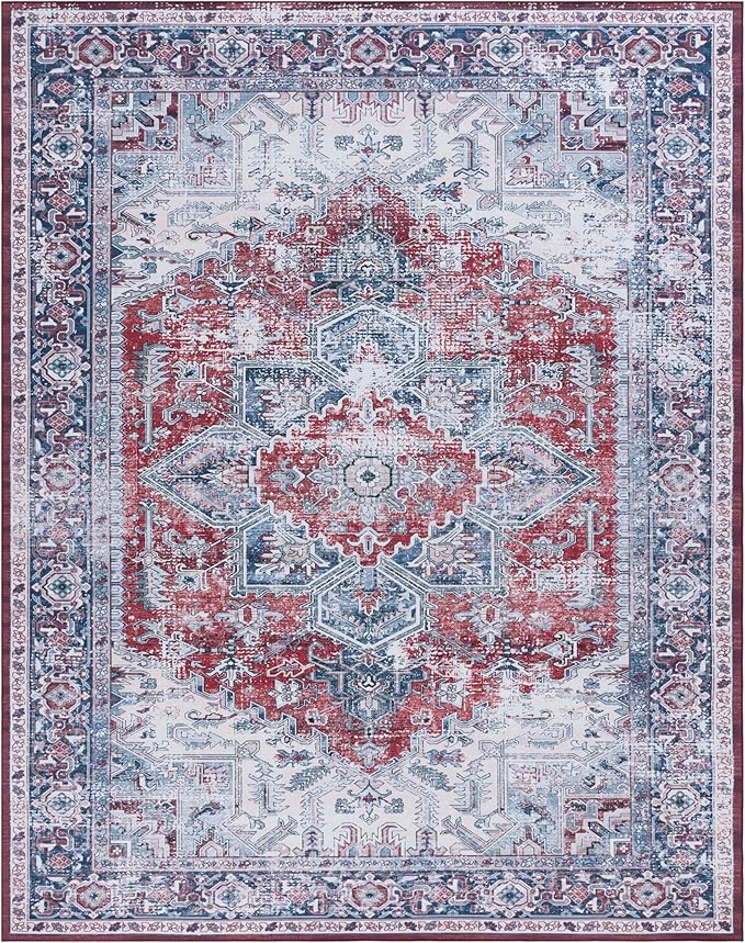 SAFAVIEH Washable Rug Tucson Collection - 9' x 12', Red & Navy, Slip Resistant & Easy to Clean, Ideal for Living Room, Bedroom, Dining Space (TSN101S)