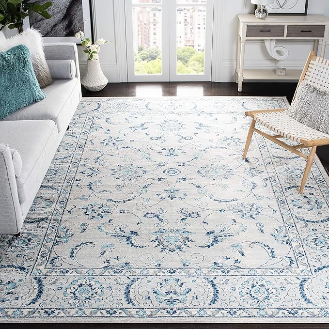 SAFAVIEH Brentwood Collection Area Rug - 5' Square, Light Grey & Blue, Oriental Floral Scroll Design, Non-Shedding & Easy Care, Ideal for High Traffic Areas in Living Room, Bedroom (BNT854G)