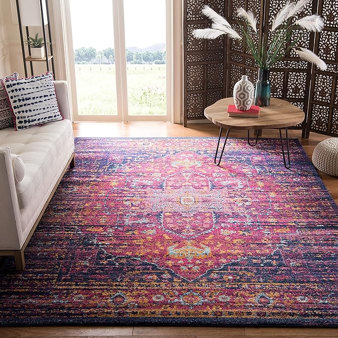SAFAVIEH Evoke Collection 10' x 14' Blue / Fuchsia EVK275F Oriental Medallion Distressed Non-Shedding Living Room Bedroom Dining Home Office Area Rug