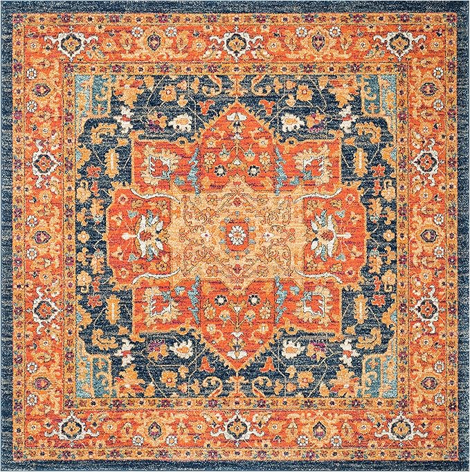 SAFAVIEH Evoke Collection Area Rug - 6'7" Square, Blue & Orange, Oriental Medallion Distressed Design, Non-Shedding & Easy Care, Ideal for High Traffic Areas in Living Room, Bedroom (EVK275C)