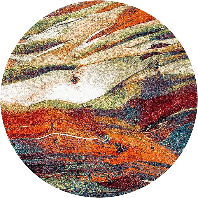 SAFAVIEH Glacier Collection Area Rug - 4' Round, Red/Green, Geometric Design, Plush 1.2 Inch Thick Ideal for High Traffic Areas in Living Room, Bedroom, Dining (GLA126Q)
