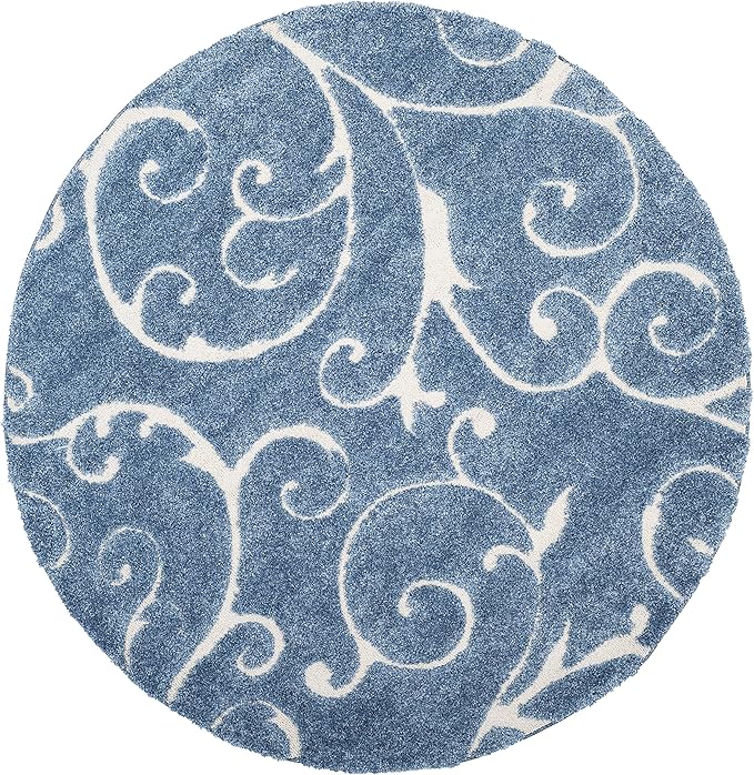 SAFAVIEH Florida Shag Collection Area Rug - 5' Round, Light Blue & Cream, Scroll Design, Non-Shedding & Easy to Clean, High-Low Plush Pile, Ideal for Living Room, Bedroom, Dining Space (SG455-6011)