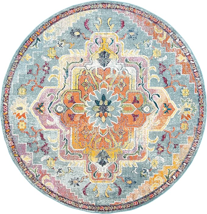 SAFAVIEH Crystal Collection Area Rug - 5' Round, Teal & Orange, Medallion Distressed Design, Non-Shedding & Easy Care, Ideal for High Traffic Areas in Living Room, Bedroom (CRS501J)