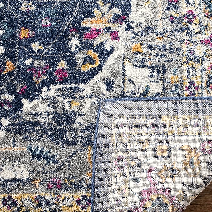 SAFAVIEH Evoke Collection Area Rug - 6'7" x 9', Navy & Grey, Oriental Medallion Distressed Design, Non-Shedding & Easy Care, Ideal for High Traffic Areas in Living Room, Bedroom (EVK275N)