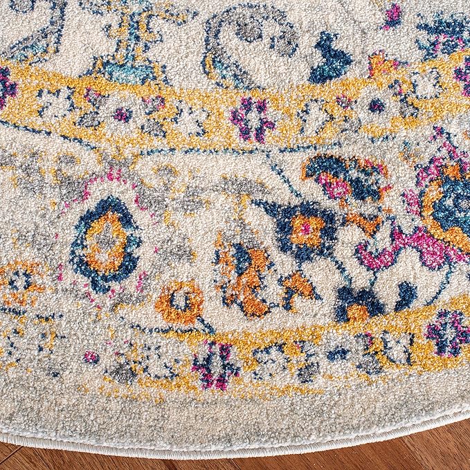 SAFAVIEH Evoke Collection Area Rug - 6'7" Round, Ivory & Grey, Oriental Medallion Distressed Design, Non-Shedding & Easy Care, Ideal for High Traffic Areas in Living Room, Bedroom (EVK275A)