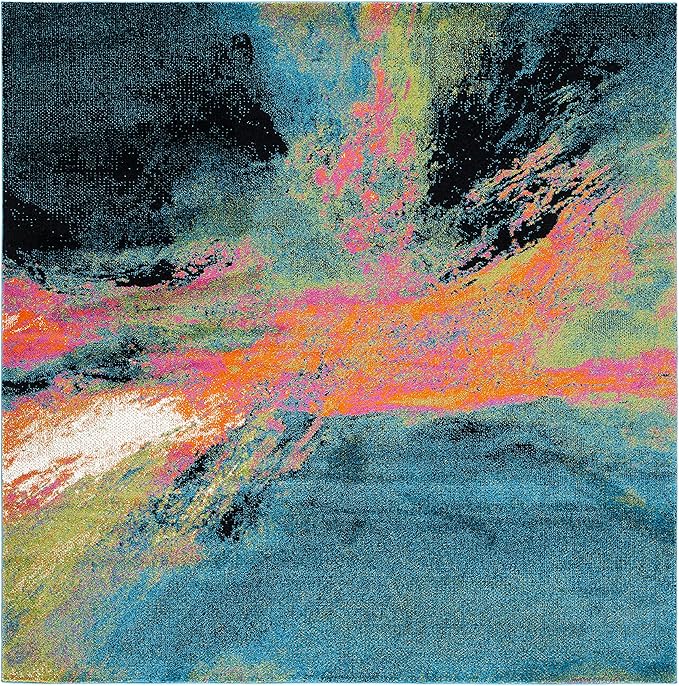 SAFAVIEH Galaxy Collection Area Rug - 6'7" Square, Blue & Orange, Modern Abstract Design, Non-Shedding & Easy Care, Ideal for High Traffic Areas in Living Room, Bedroom (GAL117N)