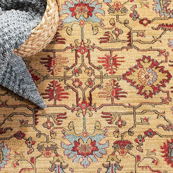 SAFAVIEH Mahal Collection Area Rug - 6'7" Square, Beige & Red, Traditional Oriental Design, Non-Shedding & Easy Care, Ideal for High Traffic Areas in Living Room, Bedroom (MAH693B)