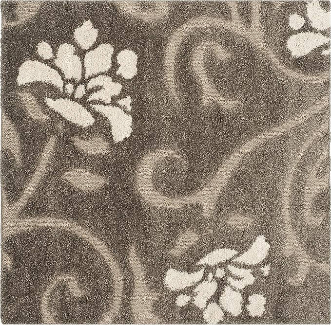 SAFAVIEH Florida Shag Collection Area Rug - 4' Square, Smoke & Beige, Floral Design, Non-Shedding & Easy Care, 1.2-inch Thick Ideal for High Traffic Areas in Living Room, Bedroom (SG464-7913)