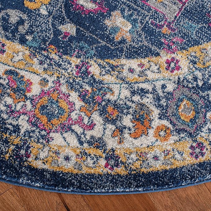 SAFAVIEH Evoke Collection Area Rug - 6'7" Round, Navy & Grey, Oriental Medallion Distressed Design, Non-Shedding & Easy Care, Ideal for High Traffic Areas in Living Room, Bedroom (EVK275N)