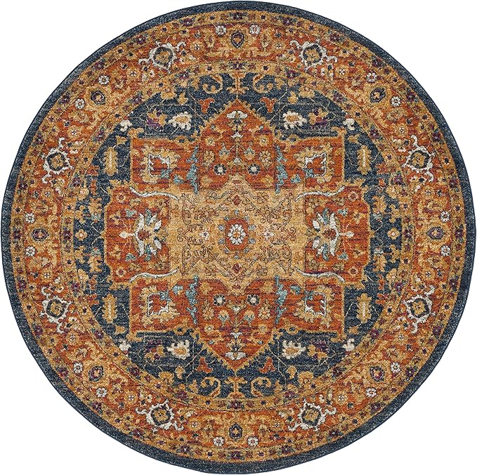 SAFAVIEH Evoke Collection Area Rug - 6'7" Round, Blue & Orange, Oriental Medallion Distressed Design, Non-Shedding & Easy Care, Ideal for High Traffic Areas in Living Room, Bedroom (EVK275C)