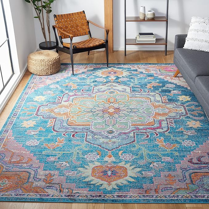 SAFAVIEH Crystal Collection X-Large Area Rug - 12' x 18', Teal & Rose, Medallion Distressed Design, Non-Shedding & Easy Care, Ideal for High Traffic Areas in Living Room, Bedroom (CRS501T)