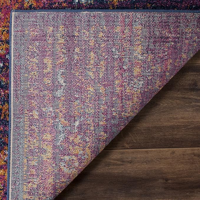 SAFAVIEH Evoke Collection Area Rug - 5'3" Square, Blue & Fuchsia, Oriental Medallion Distressed Design, Non-Shedding & Easy Care, Ideal for High Traffic Areas in Living Room, Bedroom (EVK275F)