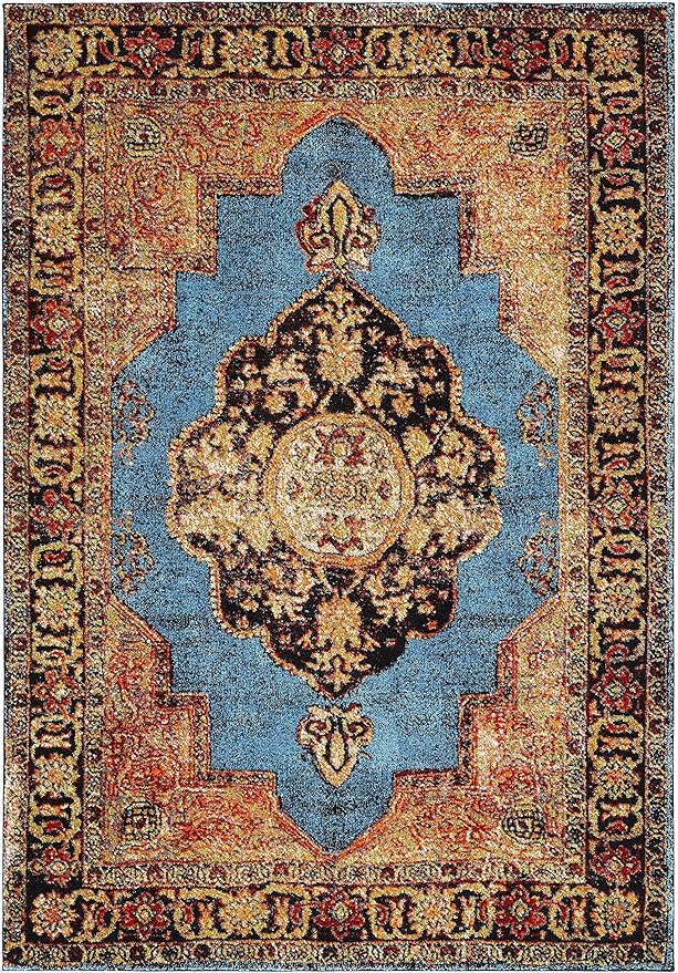 SAFAVIEH Vintage Hamadan Collection Accent Rug - 4' x 6', Gold & Light Blue, Oriental Design, Non-Shedding & Easy Care, Ideal for High Traffic Areas in Entryway, Living Room, Bedroom (VTH219D)