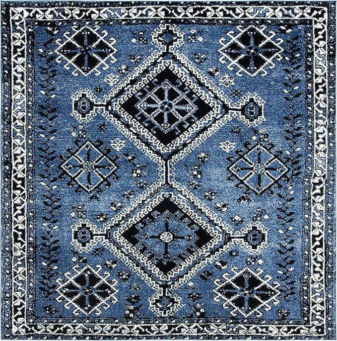 SAFAVIEH Vintage Hamadan Collection Area Rug - 6'7" Square, Blue & Black, Oriental Distressed Design, Non-Shedding & Easy Care, Ideal for High Traffic Areas in Living Room, Bedroom (VTH293M)