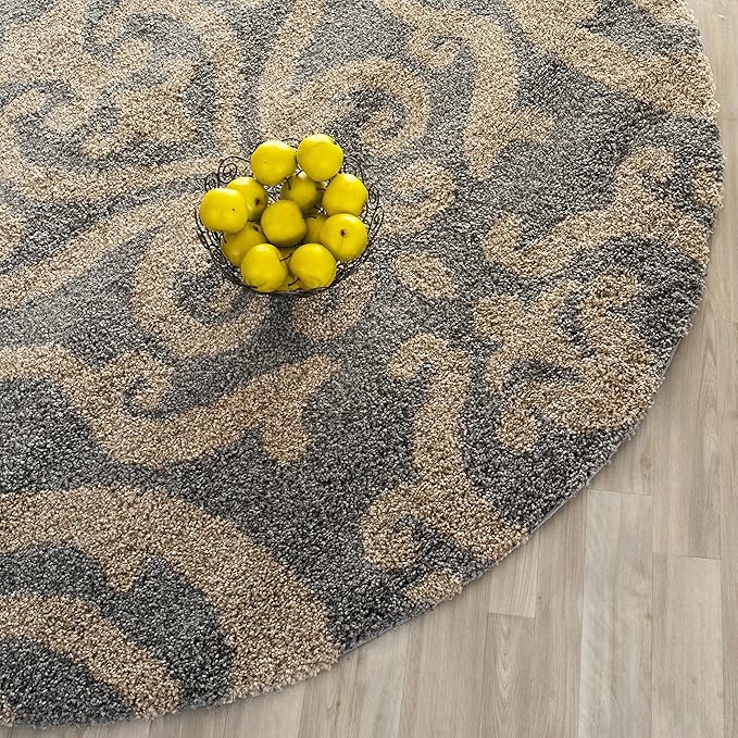 SAFAVIEH Florida Shag Collection Area Rug - 5'3" x 7'6", Grey & Beige, Damask Design, Non-Shedding & Easy Care, 1.2-inch Thick Ideal for High Traffic Areas in Living Room, Bedroom (SG462-8013)
