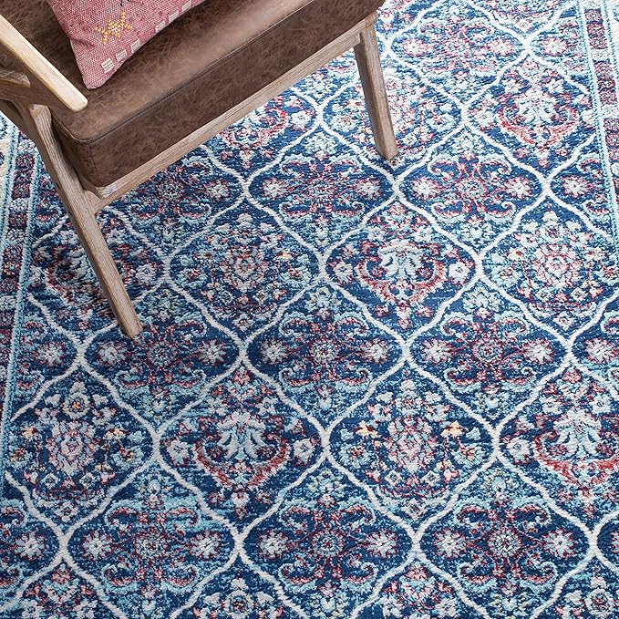 SAFAVIEH Brentwood Collection 3' x 5' Navy / Red BNT870N Oriental Damask Trellis Non-Shedding Living Room Bedroom Accent Rug